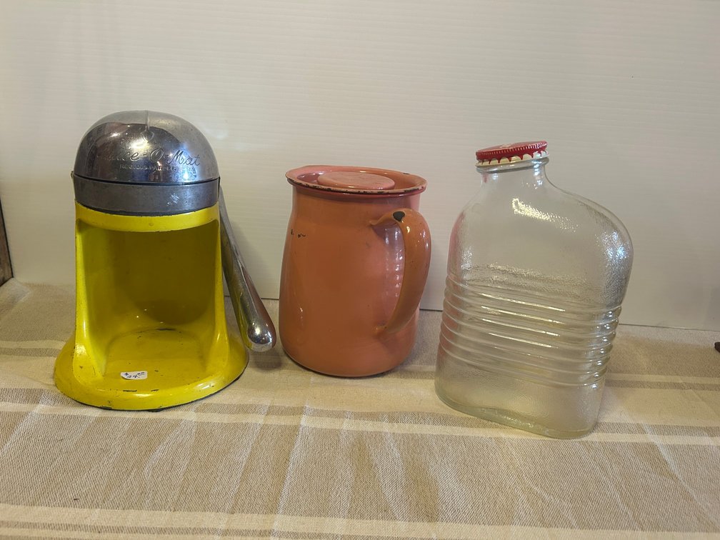 Mid-century Juice-O-Matic, glass water container, enamel ware teapot