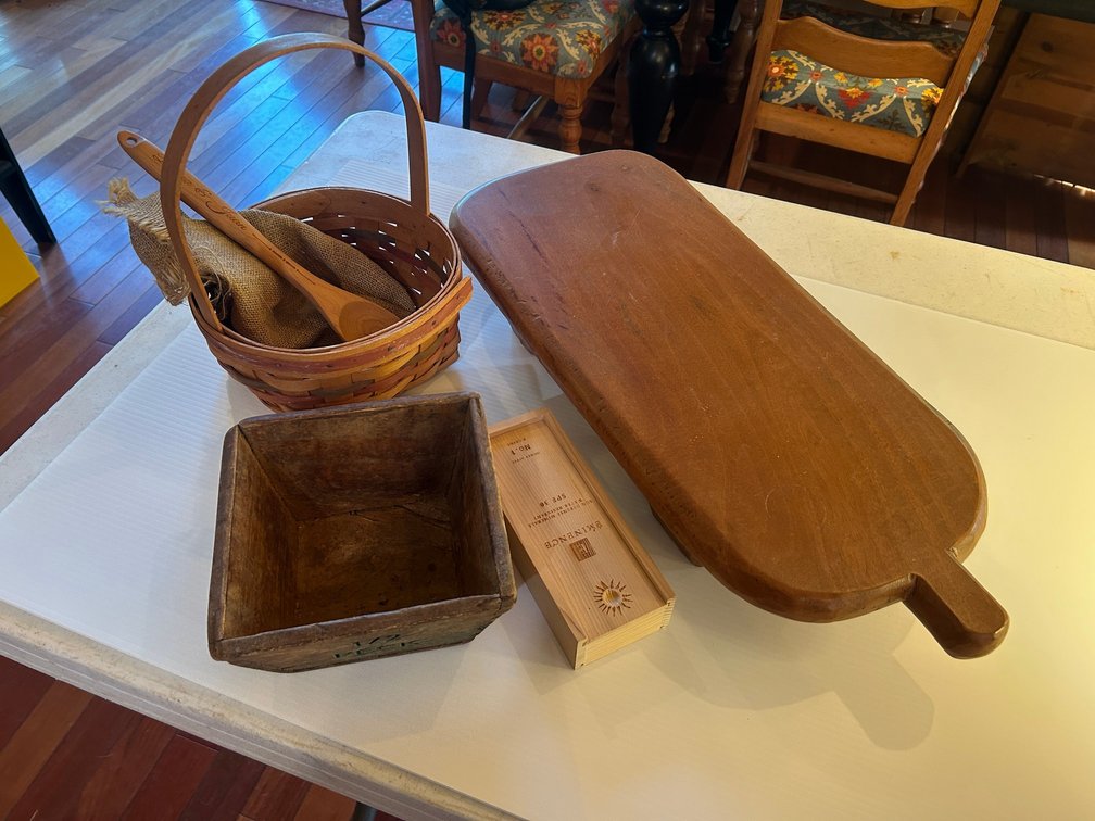 Longaberger basket, wood items, solid wood stand, wood bowl, wooden spoon