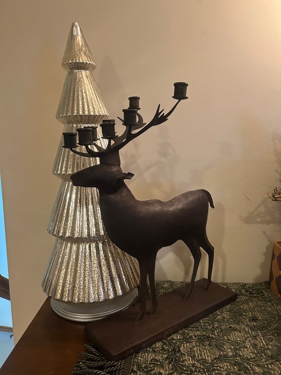 Metal reindeer candleholder, glass 5 tier Christmas tree