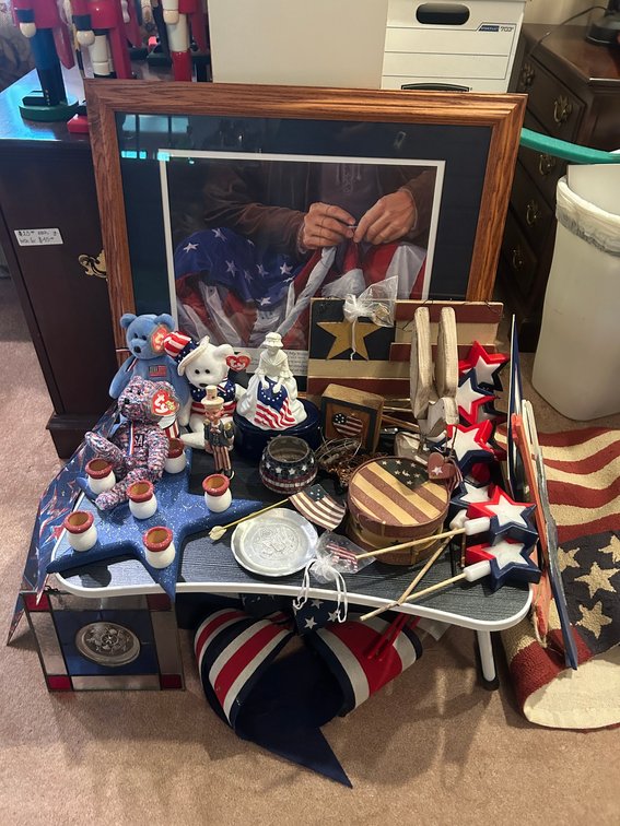 Americana-Beanie babies, flag print tapestry, candles, figurines, candleholders