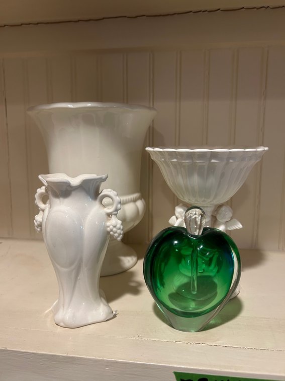 Heart shape perfume bottle, porcelain vase, 2 other vases