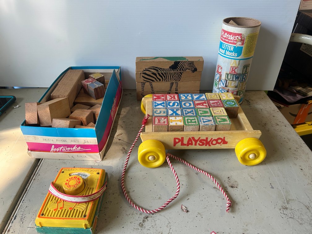 Playskool letter wood blocks, Playskool wood block pull cart, stamps, Fisher Price radio