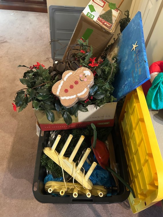 Electric window candles-no bulbs, holiday decorations, 6.5' Christmas tree in box, other decorations