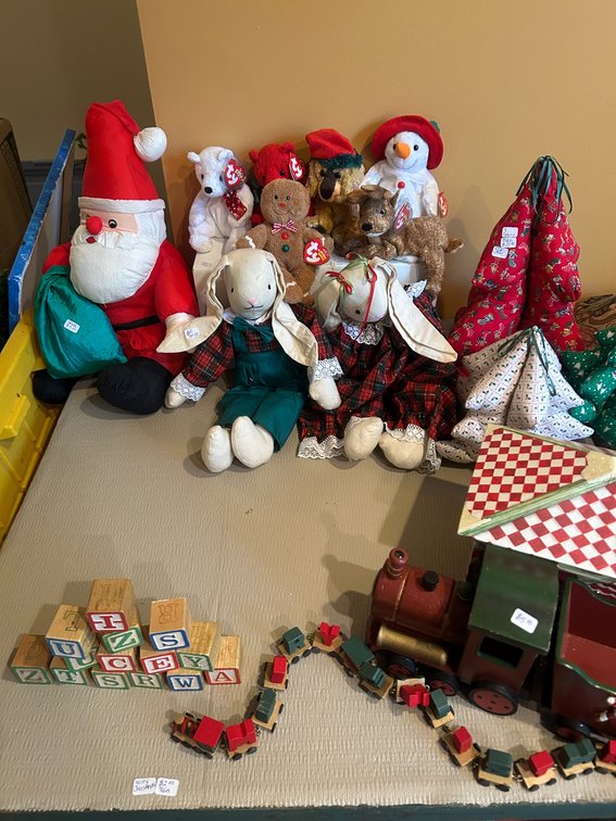 Wooden train, wooden blocks, Christmas stuffies