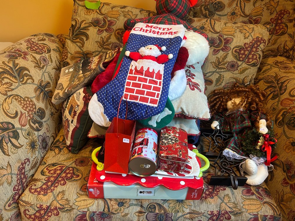 Christmas stockings, other Christmas decorations, pillows