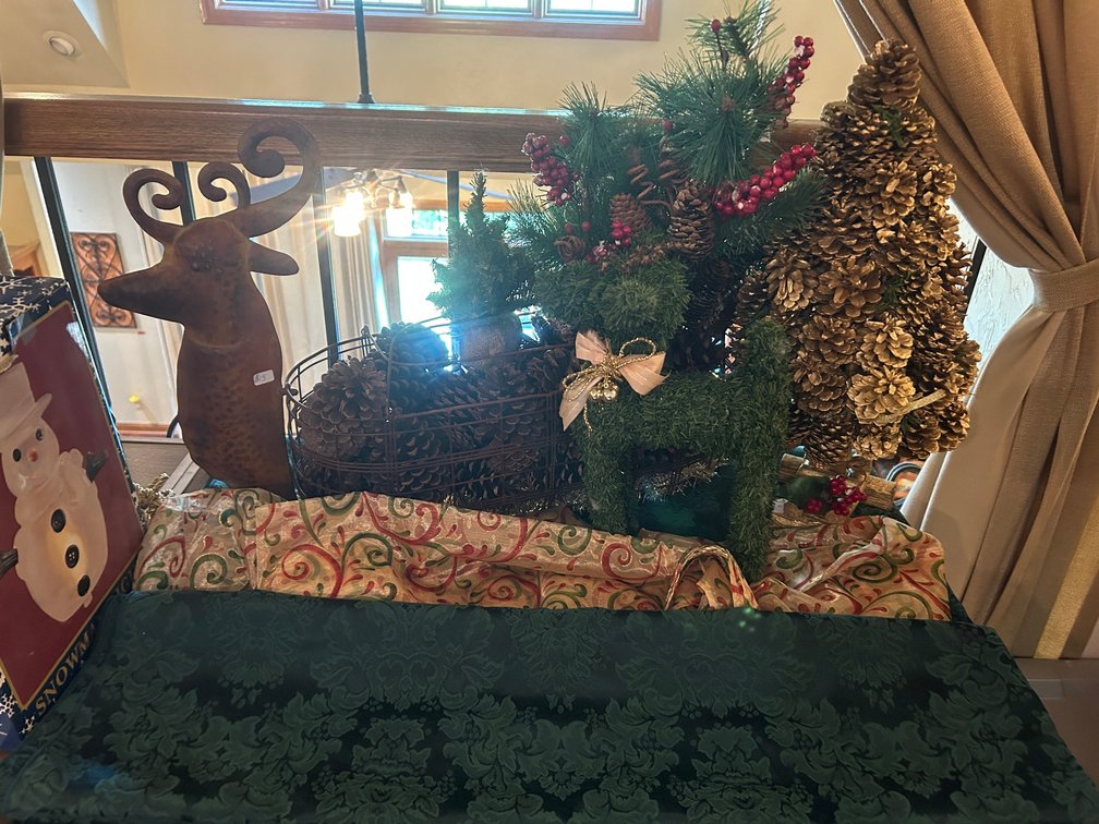 Metal deer centerpiece, tinsel deer figurine, pinecone tree