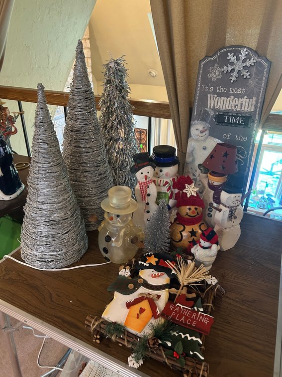 Glass snowmen, hanging snowman sign, decorative Christmas trees