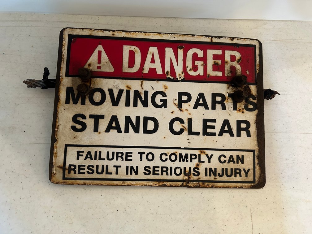 Porcelain on metal Danger Moving Parts Stand Clear warning sign