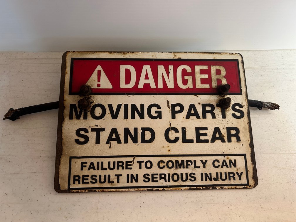 Porcelain on metal Danger Moving Parts Stand Clear warning sign