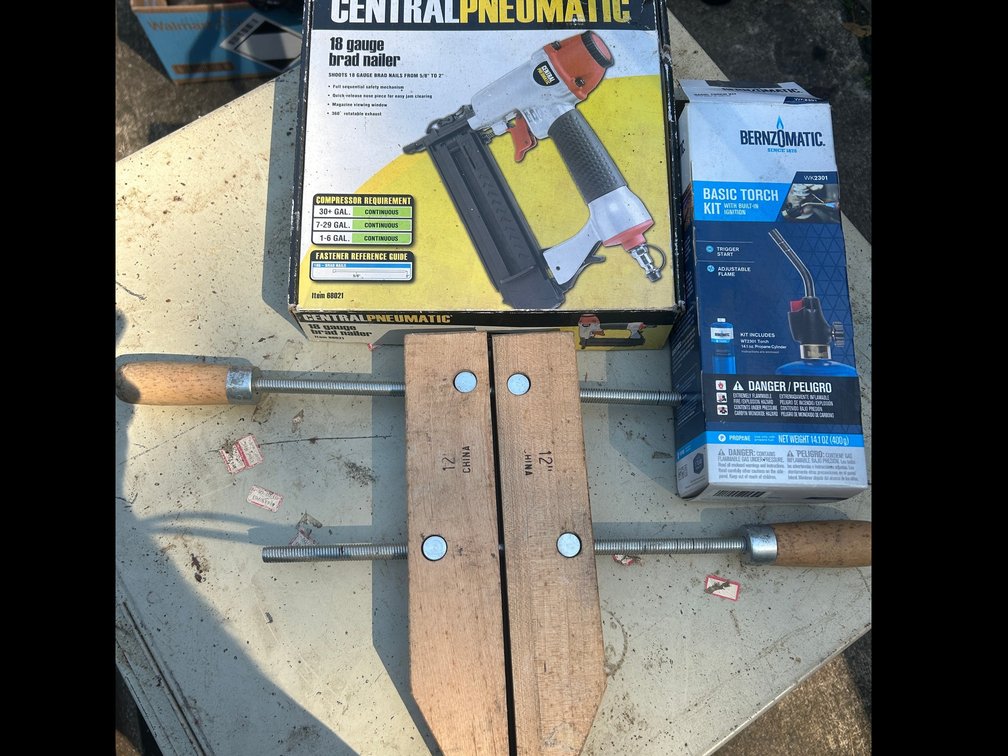 Bernzomatic torch, wood clamp, central pneumatic 18 gauge brad nailer