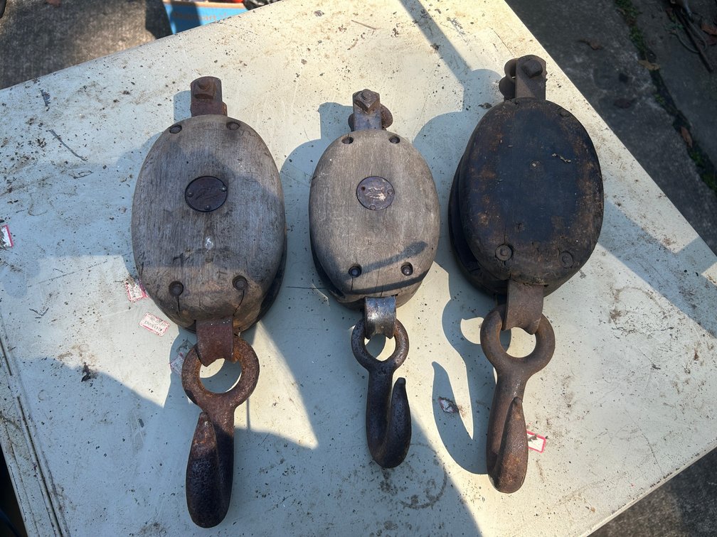 3 Wooden block and tackle pulleys