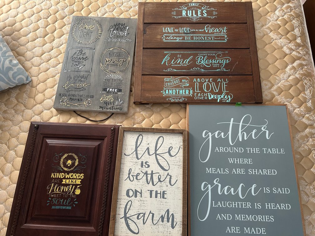 One lot of stenciled wall art, signs, inspirational wall art