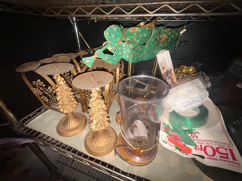 Contents of 2nd shelf on metal wire rack
