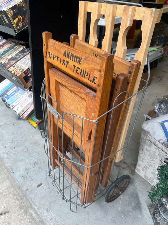 Vintage folding wooden chairs, metal rolling cart