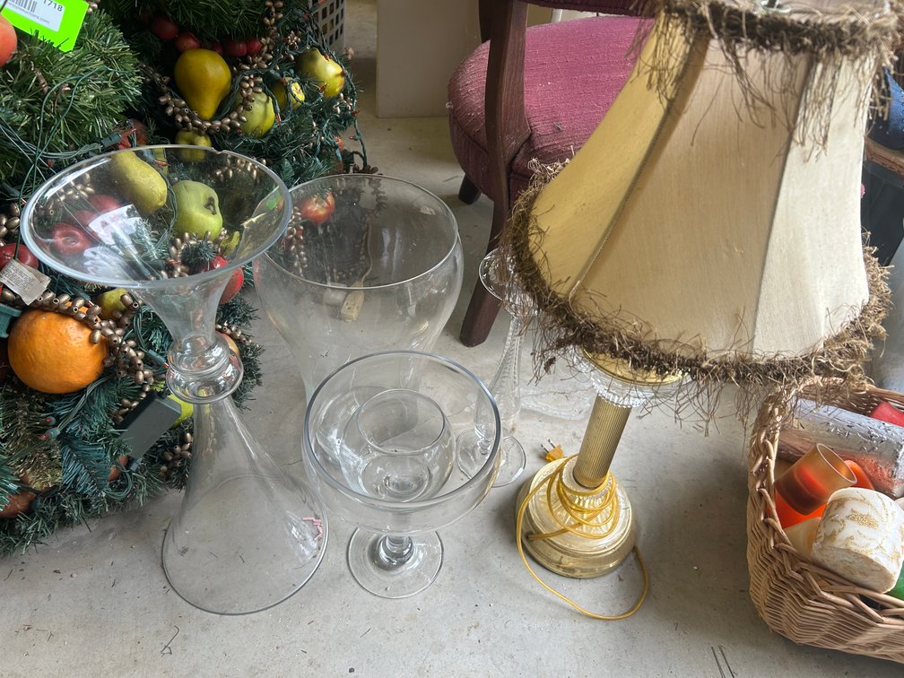 Lamp with shade, glass candleholders