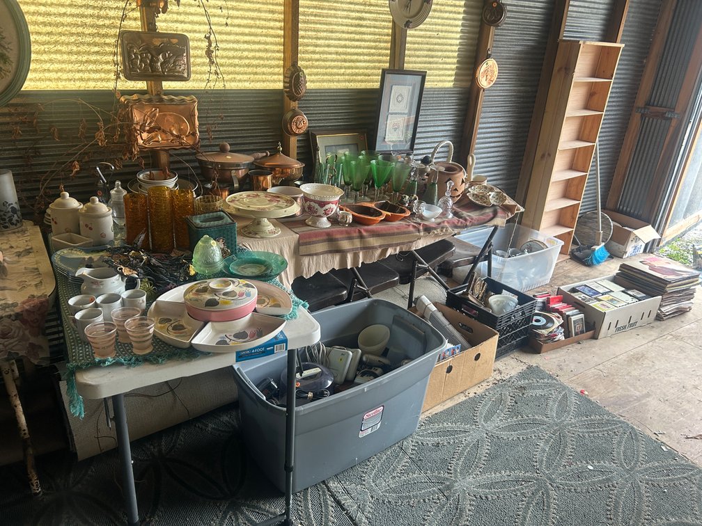 Large collection of records, glassware, ceramic, brass kitchenware