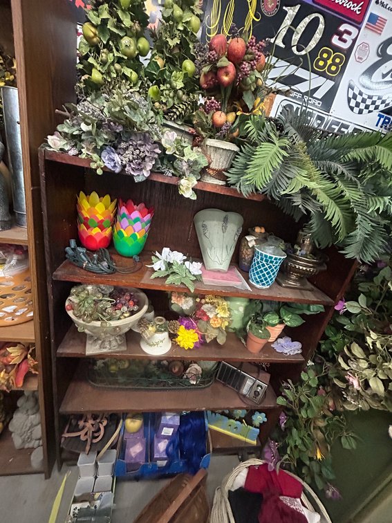 Wooden shelf with contents