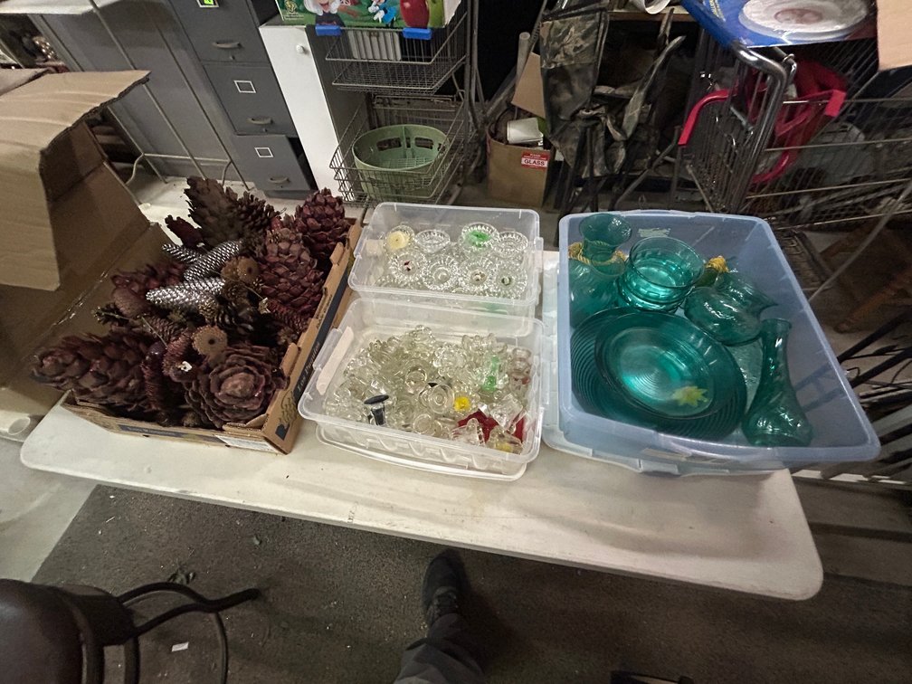 Glassware, green glass bowls, candleholders, pinecones