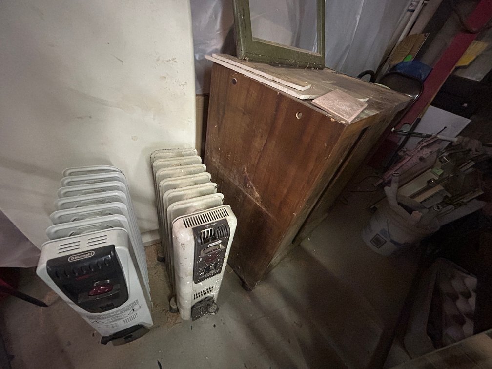 2 Electric heaters, wooden cabinet with picture frame-31" x 36" x 18"