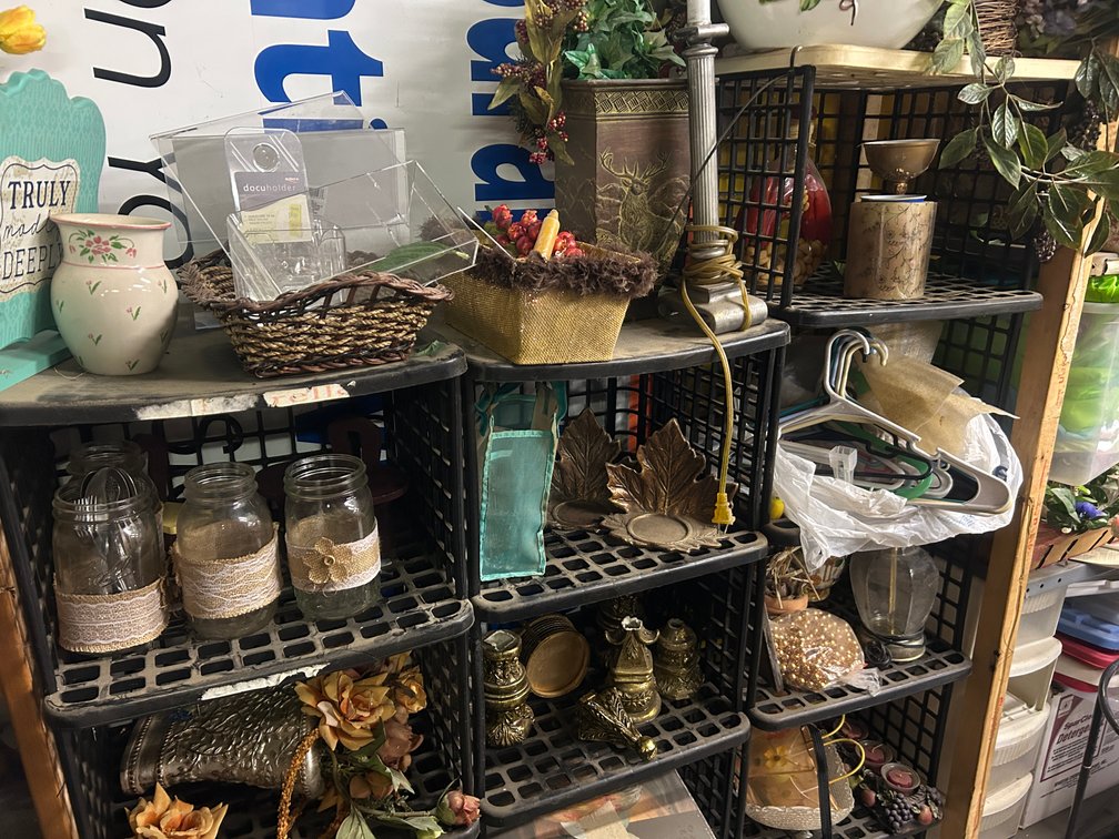 Autumn decorative items, glassware, floral arrangements