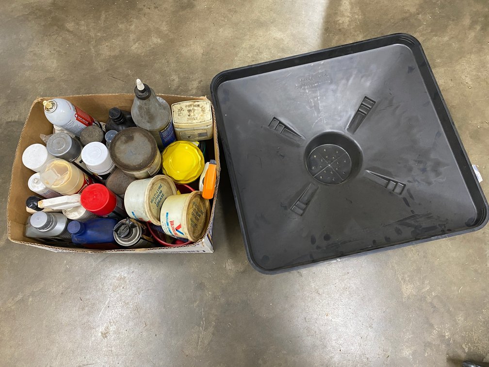 Transmission Drain Funnel, Box of Sprays and Oils, Greases