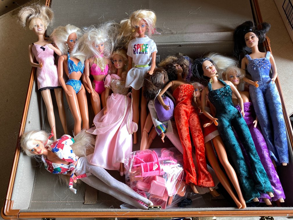 Vintage Suitcase with Assorted Barbies and Spice Girl Dolls