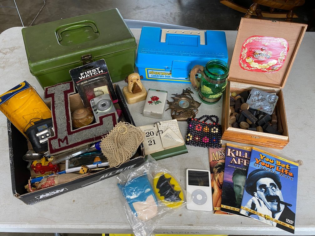 Sewing box, Mickey Mouse Fishing Box with Sunglasses, Various Household Items