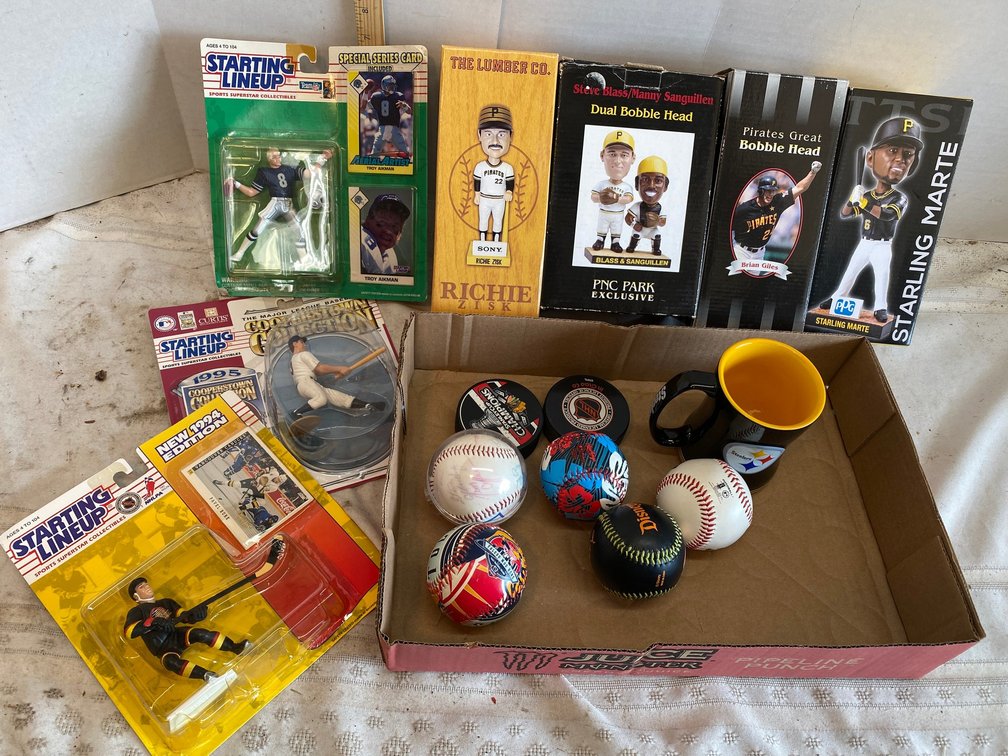 Sports collectables, Pirates Bobbleheads, Hockey and Football Starting Lineup Figures, Baseballs and Hockey Pucks