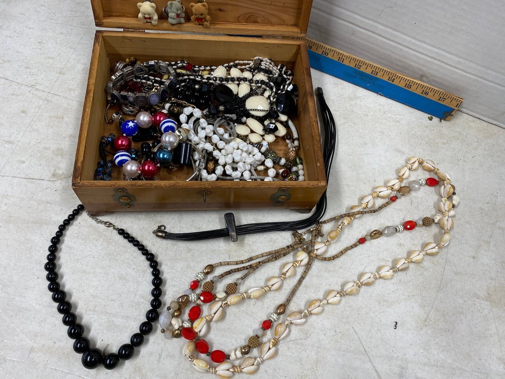 Wooden Jewelry Box with Costume Jewelry, Necklaces, Bracelets, Pins