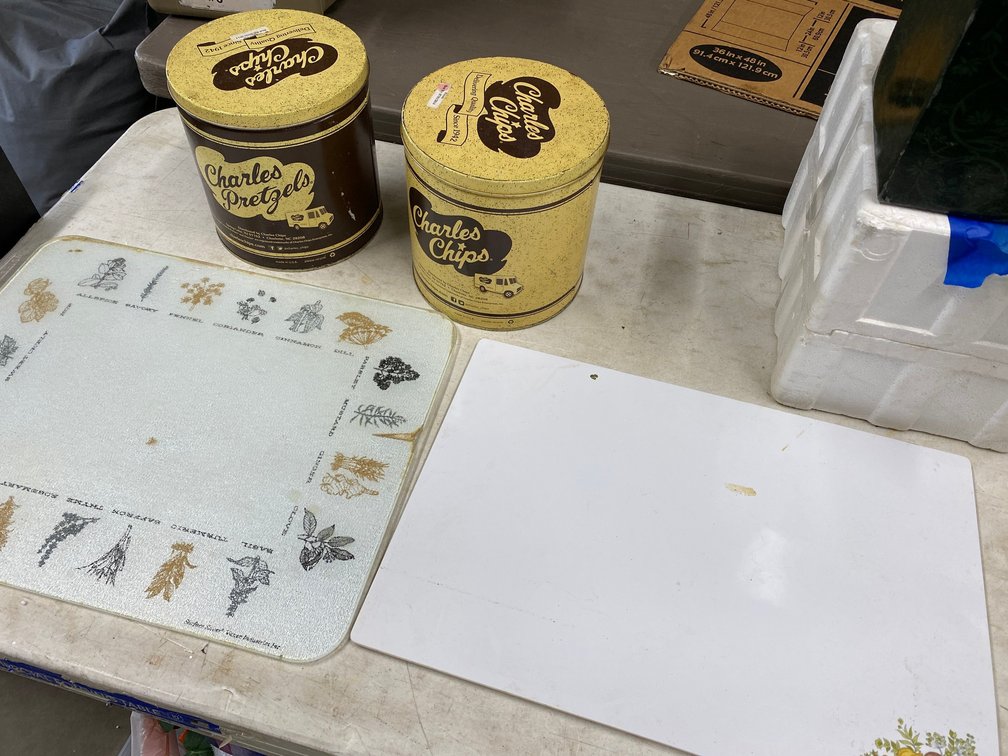 2-Cutting Boards, Charlies Pretzel, Charlie's Chip Tin