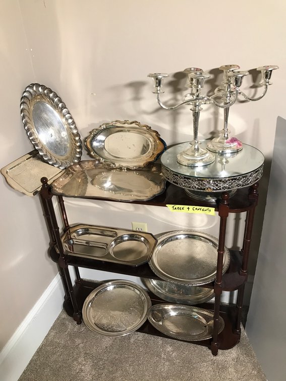Wooden shelf with silver plate decorations, misc.