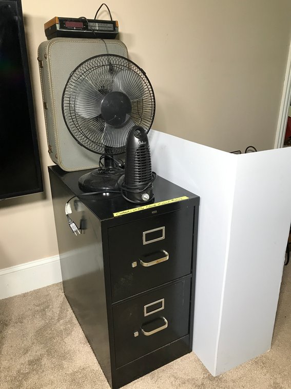2 Drawer filing cabinet, electric fans, clock, suitcase