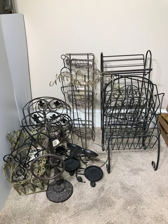 Metal shelves, stands, wall hangings
