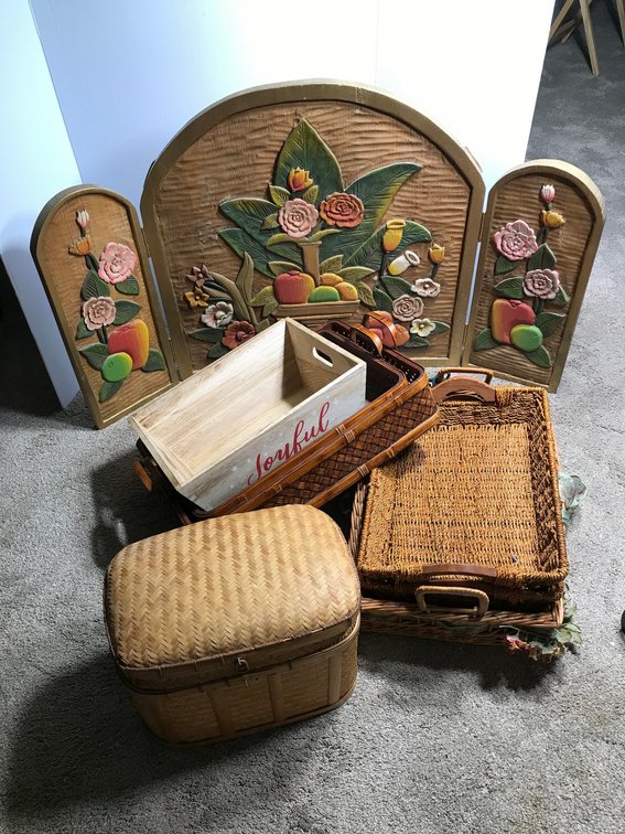 Fireplace cover, wicker baskets, misc.