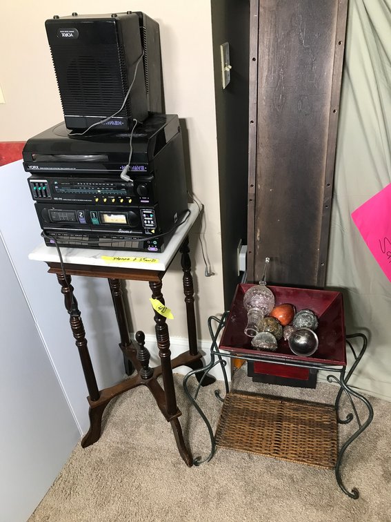 York stereo system with stand, small stand with ornaments