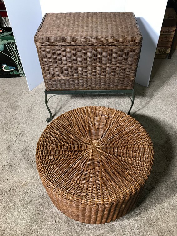Wicker ottoman, basket on stand
