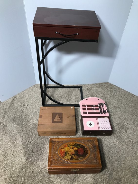 Wooden boxes, playing cards, stand with drawer