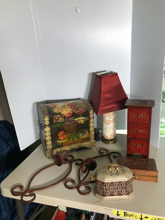 Storage boxes, electric lamp, metal candleholders, etc.