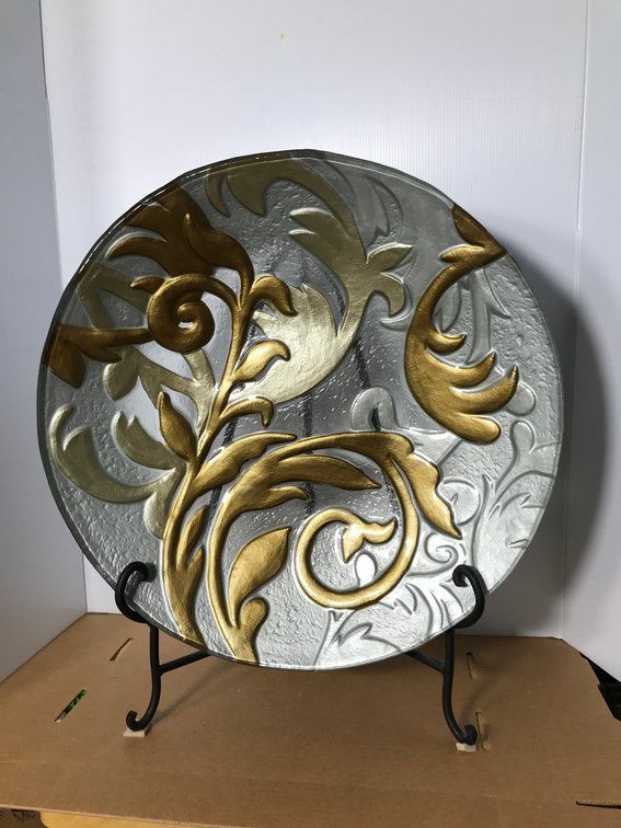 Large glass charger/tray with metal stand