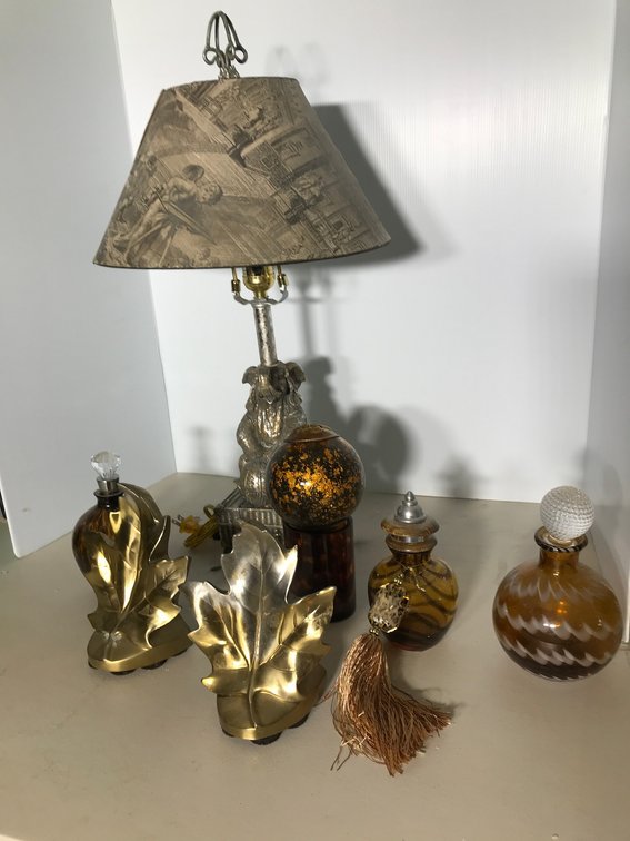 Elephant lamp, glass bottles with stoppers, misc.