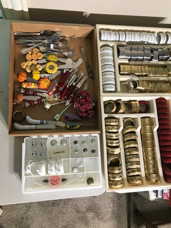 Collection of napkins rings, kitchen utensils, misc.