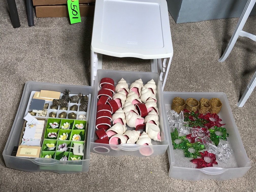 Seashells, decorative flowers, candleholders, napkinholders, storage tub with drawers, etc.