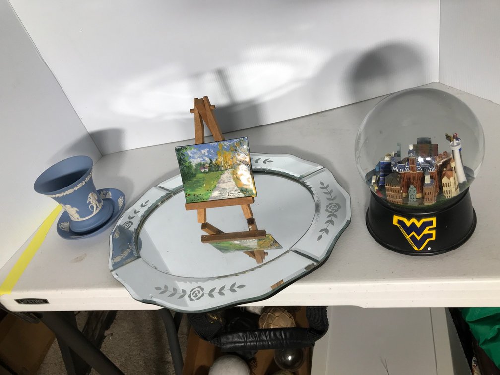 WVU snowglobe, Wedgewood cup, mirror, misc.