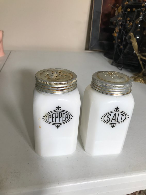 Vintage white glass salt and pepper shakers