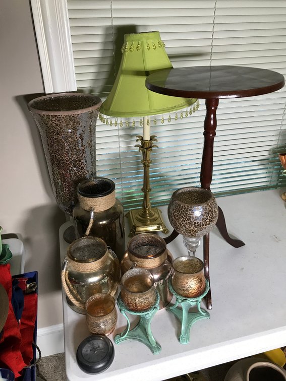 Candleholders with stands, small table, vases, flower pots, misc.