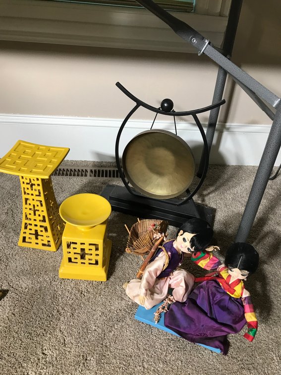 Oriental plant stands, gong, Oriental dolls