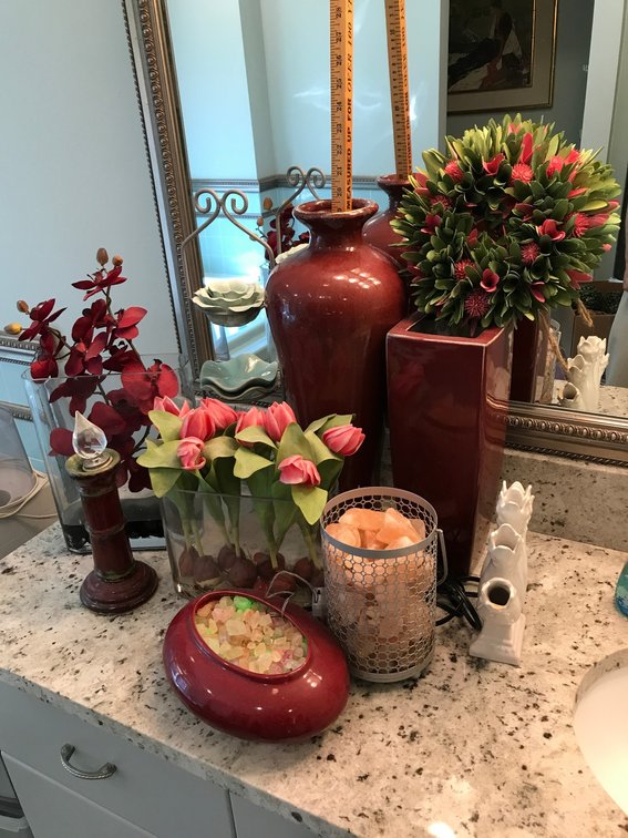 Flower vases, floral arrangements, other decorations