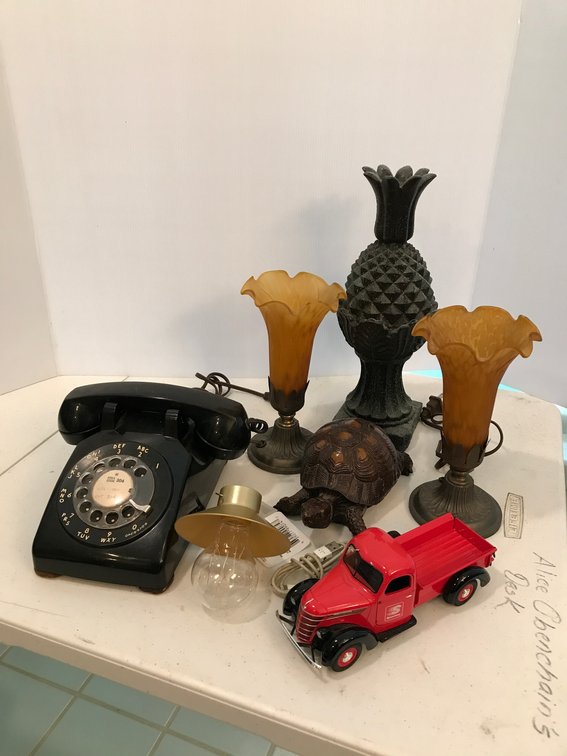 Rotary telephone, decorative lights, turtle, pick up truck, misc.