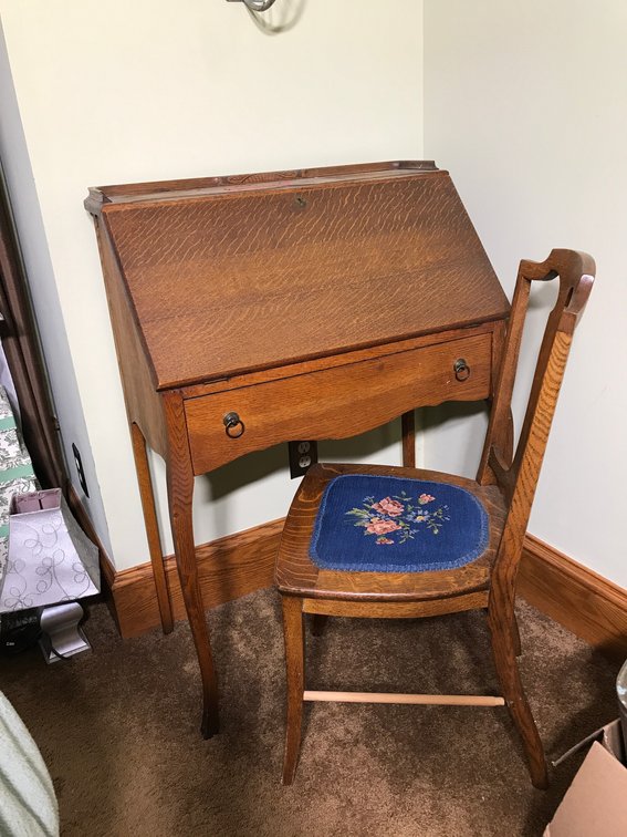 Drop front wooden desk with chair-quarter sawn oak