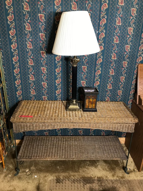 Wicker coffee table, electric lamp and amber shade